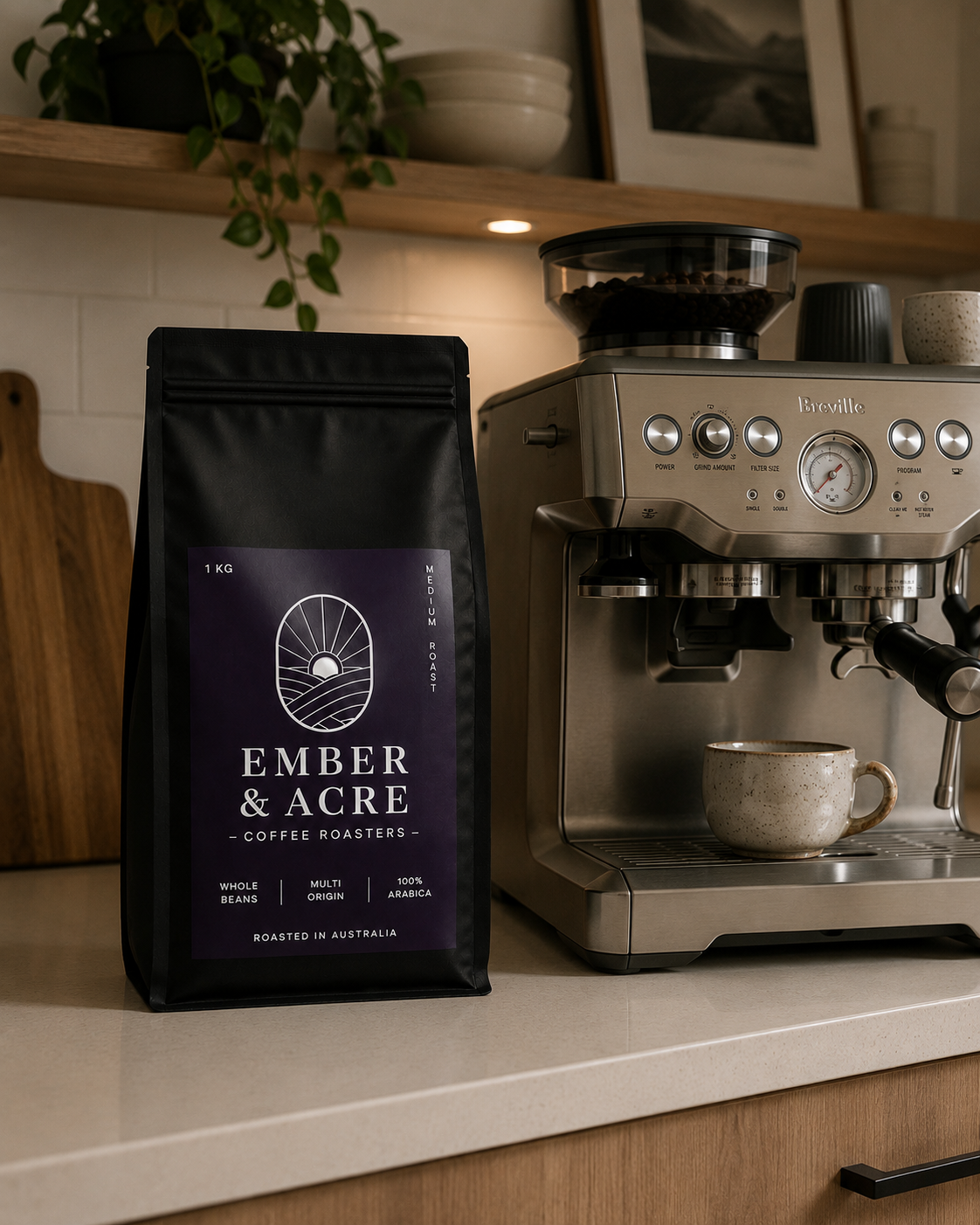 Coffee beans in an at-home brewing setup